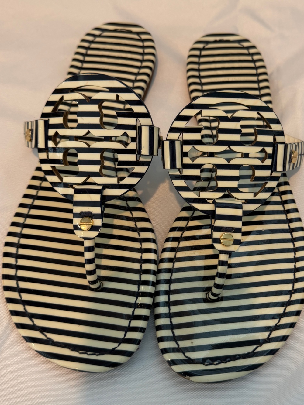 Tory Burch Navy and White Striped Logo Thong Sandals with Gold Accents